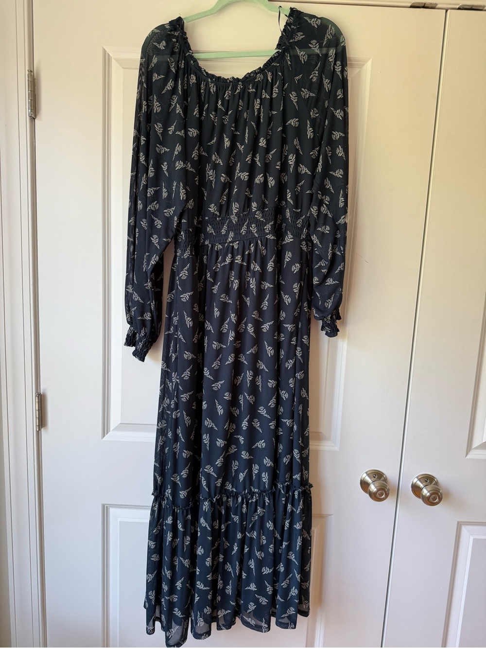 Knox Rose, Navy Blue With White Floral Maxi Dress, XXL Sheer Ruffle Sleeve Lined
